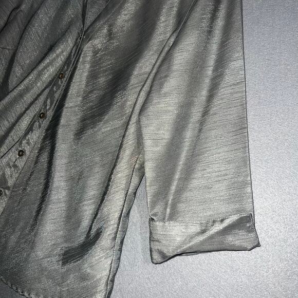 Selene Sport Blouse Women's Large Silver Metallic Button-Up 3/4 Sleeve Collard - Picture 3 of 7